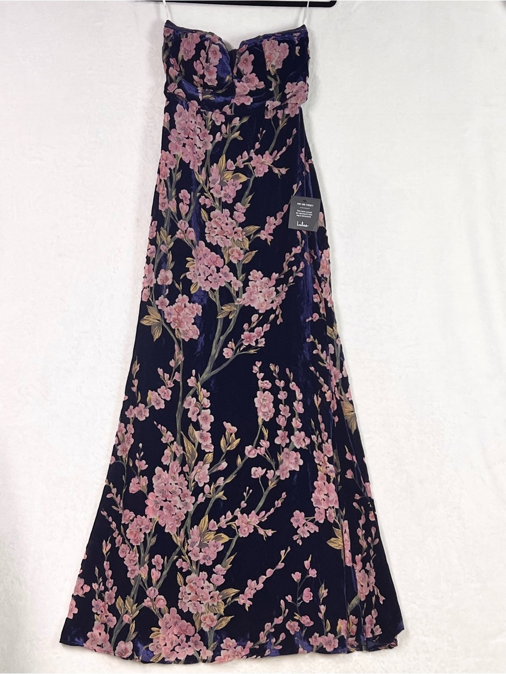 Lulus Bloom In Mind Navy Blue Floral Print Velvet Strapless Maxi Dress XS NWT - Picture 5 of 11
